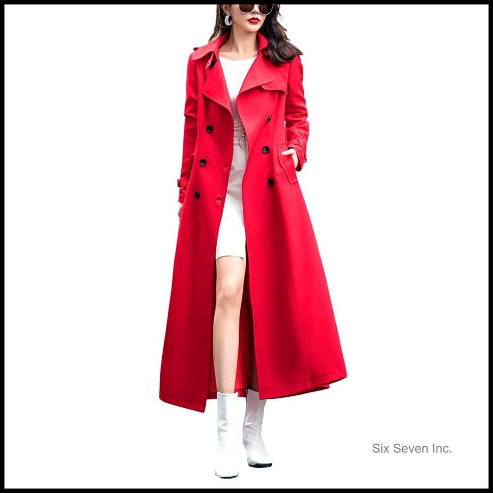 Double Breasted Trench Coat Maxi Length Elegant Office Wear Classic Fit Flare